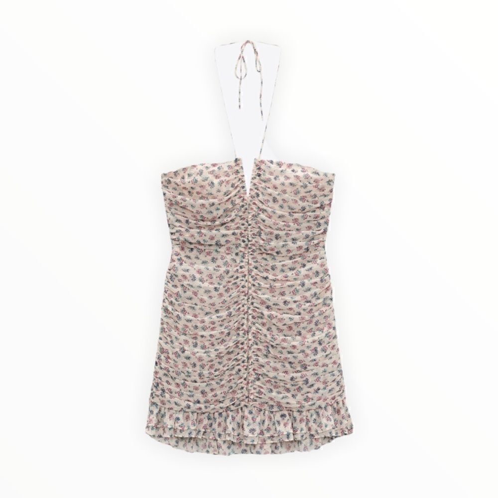 Zara Off White Metallic Thread Draped Print Mini Dress Size L Halter NWT Style - Picture 2 of 13